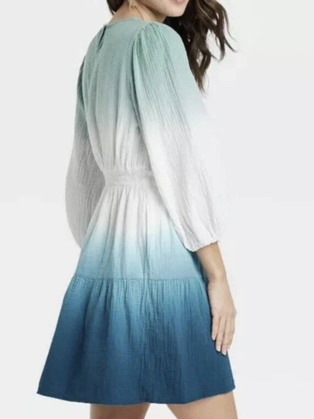 Universal Thread Dress Women's medium Tie-Dye Blue Ombré Long Sleeve Tiered